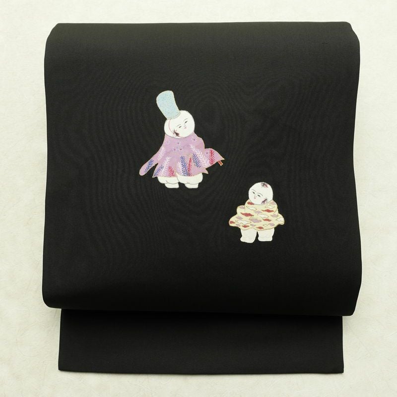 名古屋帯 太鼓柄 正絹 人物・動物柄 名古屋仕立て 金彩 帯 黒_画像1