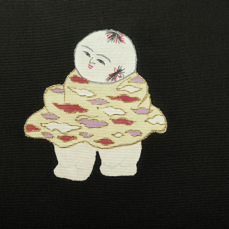 名古屋帯 太鼓柄 正絹 人物・動物柄 名古屋仕立て 金彩 帯 黒_画像3
