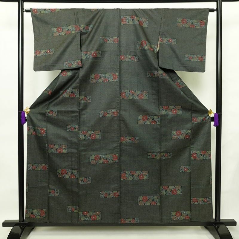 単衣 小紋 良品 正絹 花柄 単衣仕立て 身丈158.5cm 裄丈63cm 着物 緑・うぐいす色_画像1