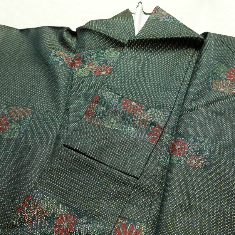 単衣 小紋 良品 正絹 花柄 単衣仕立て 身丈158.5cm 裄丈63cm 着物 緑・うぐいす色_画像16