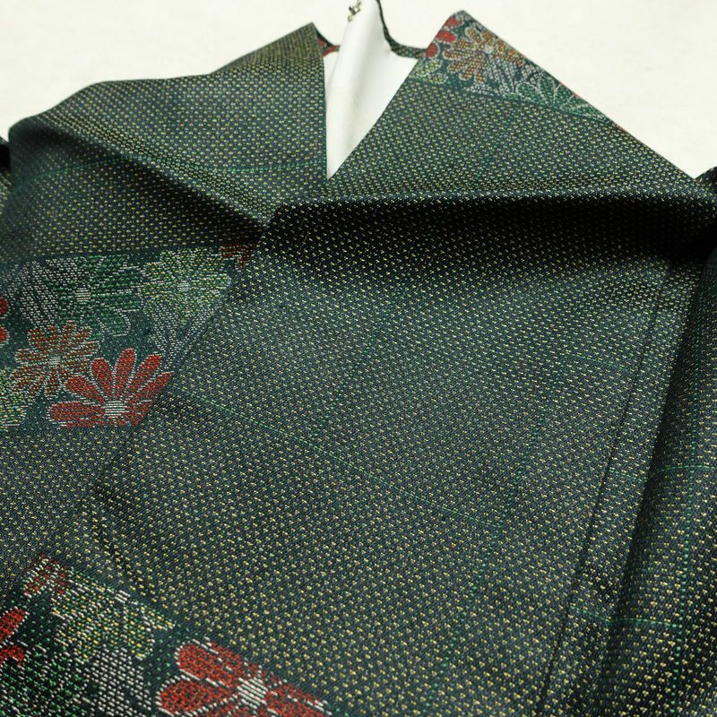 単衣 小紋 良品 正絹 花柄 単衣仕立て 身丈158.5cm 裄丈63cm 着物 緑・うぐいす色_画像17
