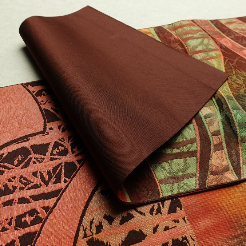 名古屋帯 六通柄 正絹 幾何学柄・抽象柄 通し仕立て 帯 茶_画像8