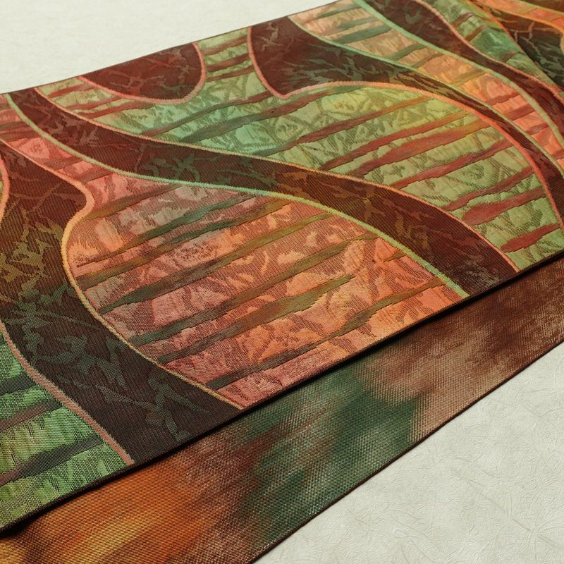 名古屋帯 六通柄 正絹 幾何学柄・抽象柄 通し仕立て 帯 茶_画像9