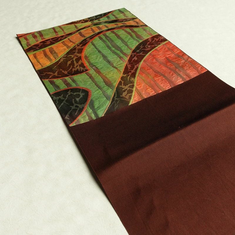 名古屋帯 六通柄 正絹 幾何学柄・抽象柄 通し仕立て 帯 茶_画像17