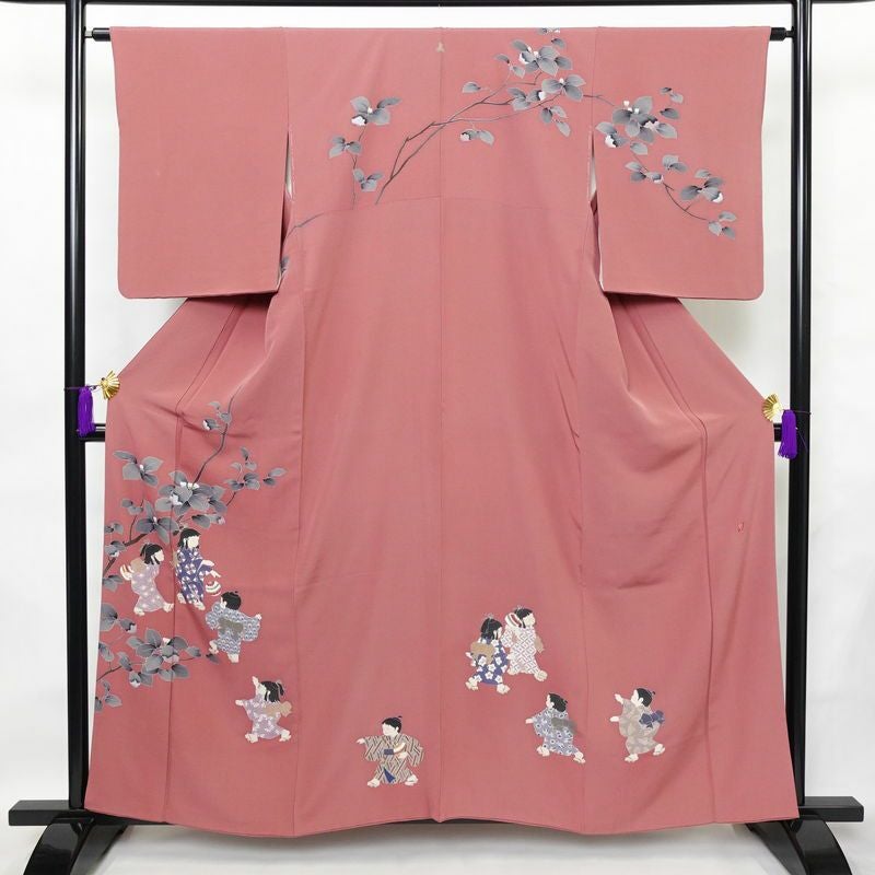 訪問着 落款入り 関口遼一 十日町友禅 一つ紋付き 正絹 人物・動物柄 袷仕立て 身丈159cm 裄丈63.5cm フォーマル 着物 ピンク_画像1