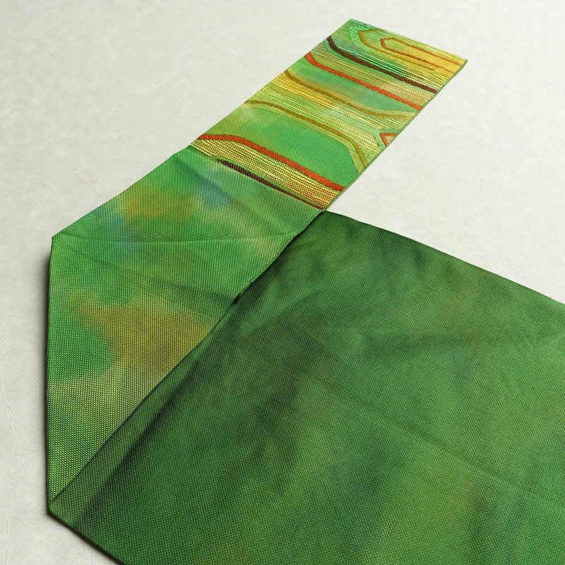 名古屋帯 六通柄 正絹 幾何学柄・抽象柄 松葉仕立て 帯 緑・うぐいす色_画像16