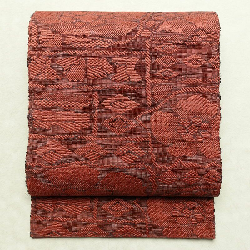 名古屋帯 六通柄 正絹 花柄 通し仕立て 帯 小豆・エンジ_画像1