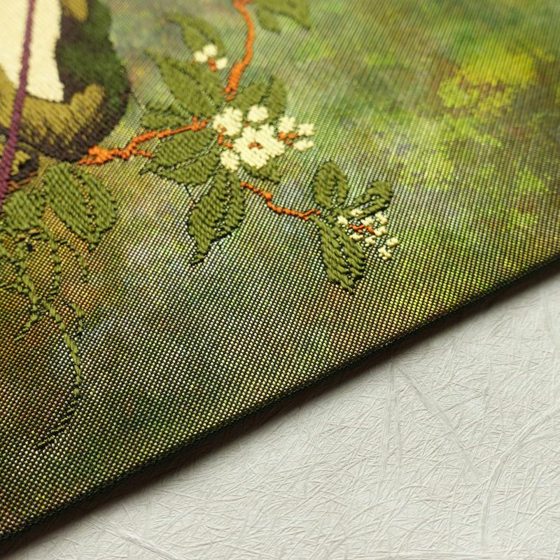 名古屋帯 太鼓柄 良品 正絹 風景柄 名古屋仕立て 箔 帯 緑・うぐいす色_画像13