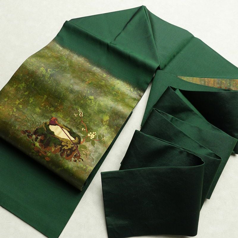 名古屋帯 太鼓柄 良品 正絹 風景柄 名古屋仕立て 箔 帯 緑・うぐいす色_画像17