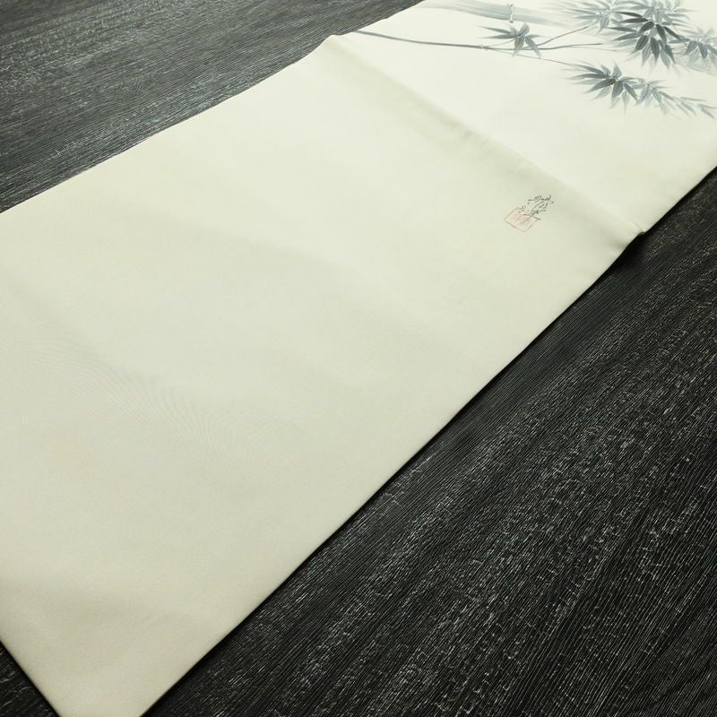 名古屋帯 太鼓柄 内山晴祥 落款入り 正絹 木の葉・植物柄 名古屋仕立て 帯 白_画像11