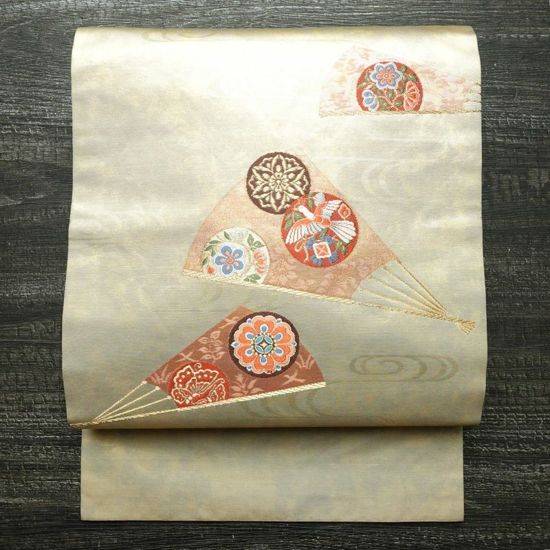 名古屋帯 太鼓柄 正絹 古典柄 名古屋仕立て 箔 刺繍 金糸 帯 ベージュ