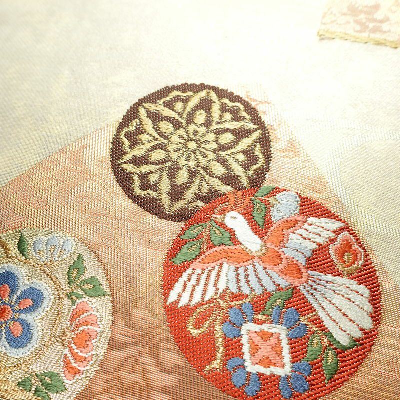 名古屋帯 太鼓柄 正絹 古典柄 名古屋仕立て 箔 金糸 帯 扇子 白_画像3