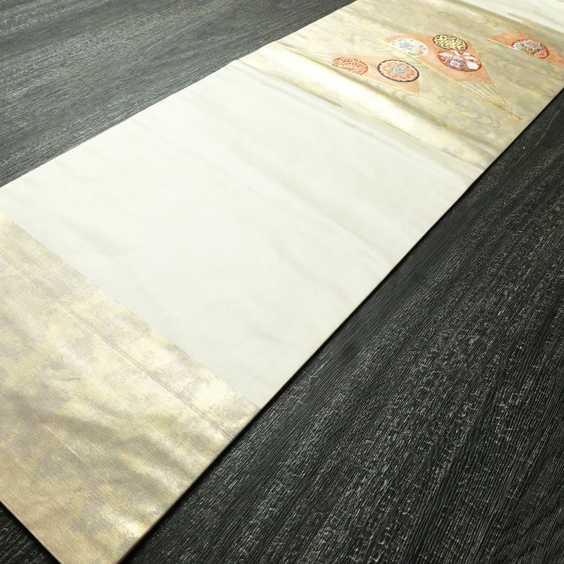 名古屋帯 太鼓柄 正絹 古典柄 名古屋仕立て 箔 金糸 帯 扇子 白_画像7