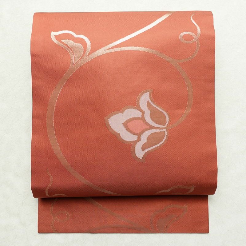 名古屋帯 六通柄 美品 正絹 木の葉・植物柄 名古屋仕立て 箔 帯 サーモンピンク ピンク_画像1