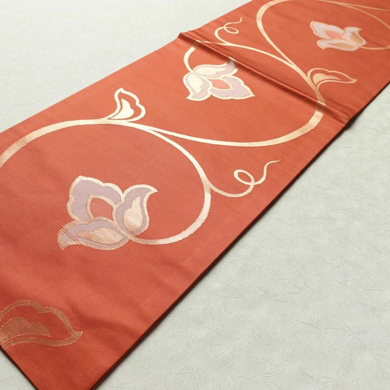 名古屋帯 六通柄 美品 正絹 木の葉・植物柄 名古屋仕立て 箔 帯 サーモンピンク ピンク_画像8