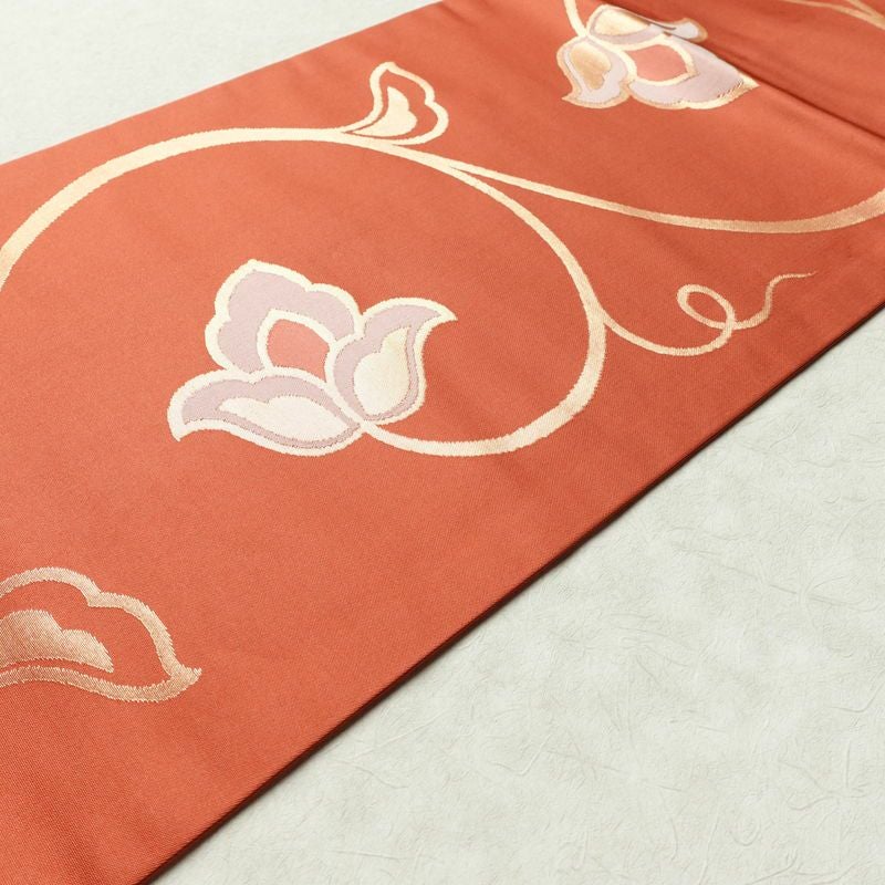 名古屋帯 六通柄 美品 正絹 木の葉・植物柄 名古屋仕立て 箔 帯 サーモンピンク ピンク_画像11