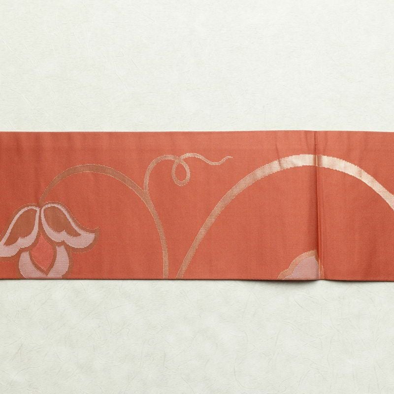 名古屋帯 六通柄 美品 正絹 木の葉・植物柄 名古屋仕立て 箔 帯 サーモンピンク ピンク_画像13