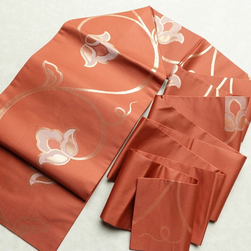 名古屋帯 六通柄 美品 正絹 木の葉・植物柄 名古屋仕立て 箔 帯 サーモンピンク ピンク_画像17