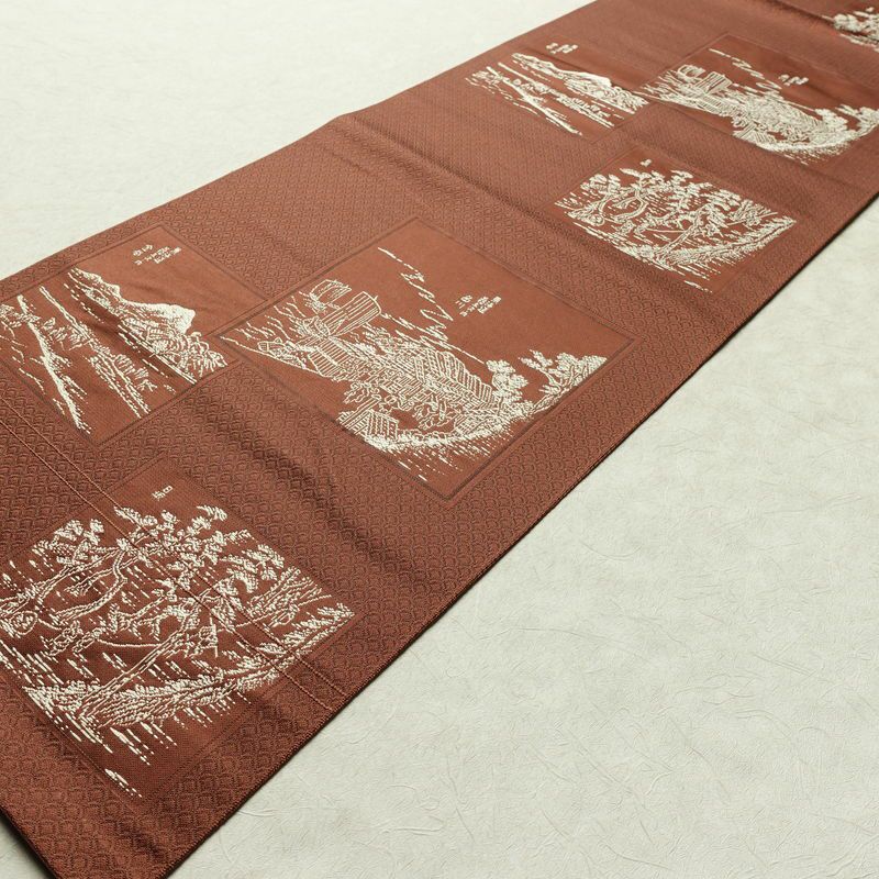 名古屋帯 六通柄 正絹 風景柄 松葉仕立て 帯 茶_画像8