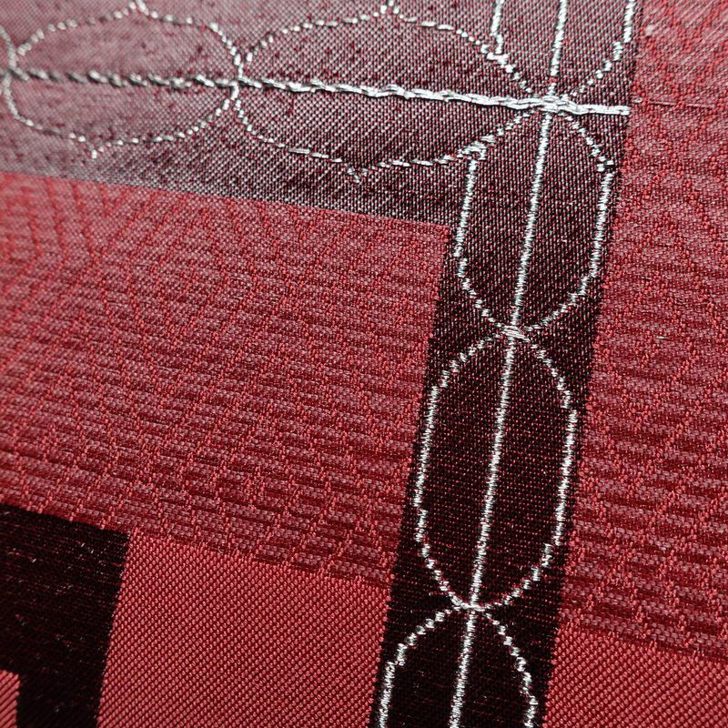 名古屋帯 六通柄 良品 正絹 幾何学柄・抽象柄 名古屋仕立て 一部しつけ糸付き 銀糸 帯 ピンク_画像6