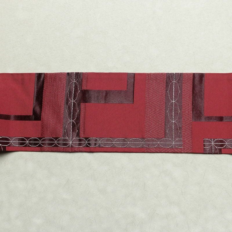 名古屋帯 六通柄 良品 正絹 幾何学柄・抽象柄 名古屋仕立て 一部しつけ糸付き 銀糸 帯 ピンク_画像11