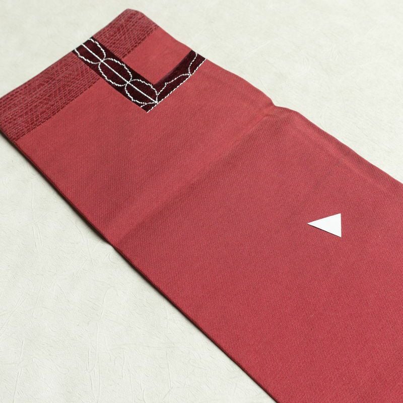 名古屋帯 六通柄 良品 正絹 幾何学柄・抽象柄 名古屋仕立て 一部しつけ糸付き 銀糸 帯 ピンク_画像19
