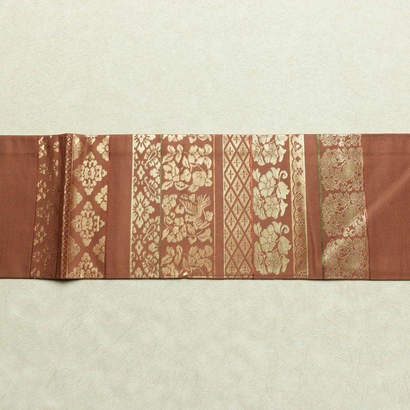 名古屋帯 太鼓柄 良品 正絹 幾何学柄・抽象柄 名古屋仕立て 箔 帯 茶_画像13