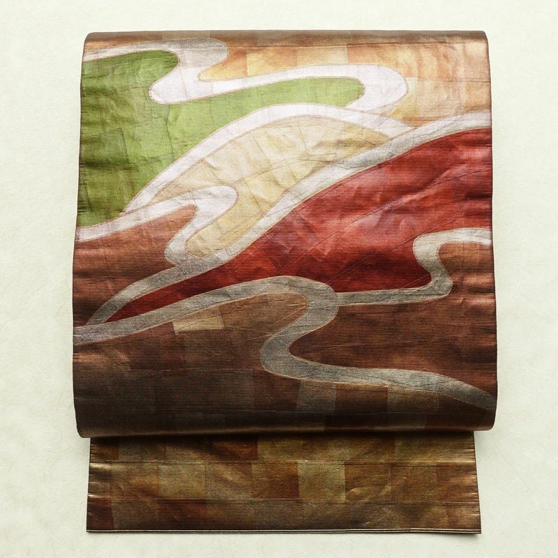 名古屋帯 太鼓柄 正絹 古典柄 名古屋仕立て 箔 帯 茶_画像1