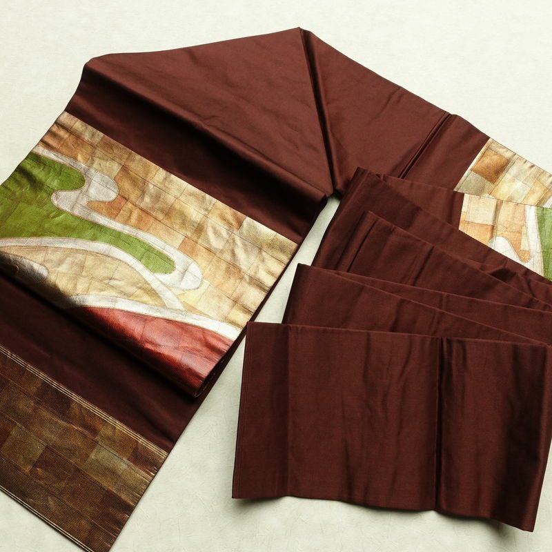 名古屋帯 太鼓柄 正絹 古典柄 名古屋仕立て 箔 帯 茶_画像16