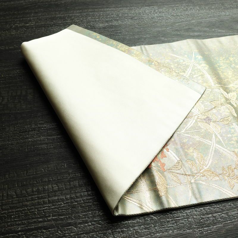 名古屋帯 太鼓柄 良品 正絹 木の葉・植物柄 名古屋仕立て 箔 帯 緑・うぐいす色_画像9