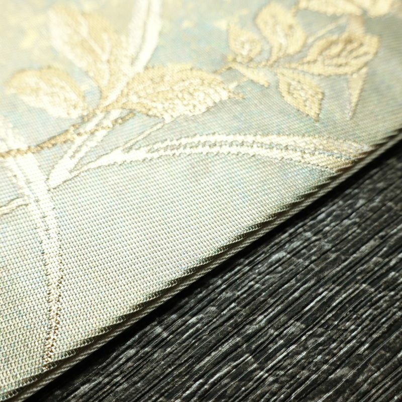 名古屋帯 太鼓柄 良品 正絹 木の葉・植物柄 名古屋仕立て 箔 帯 緑・うぐいす色_画像11