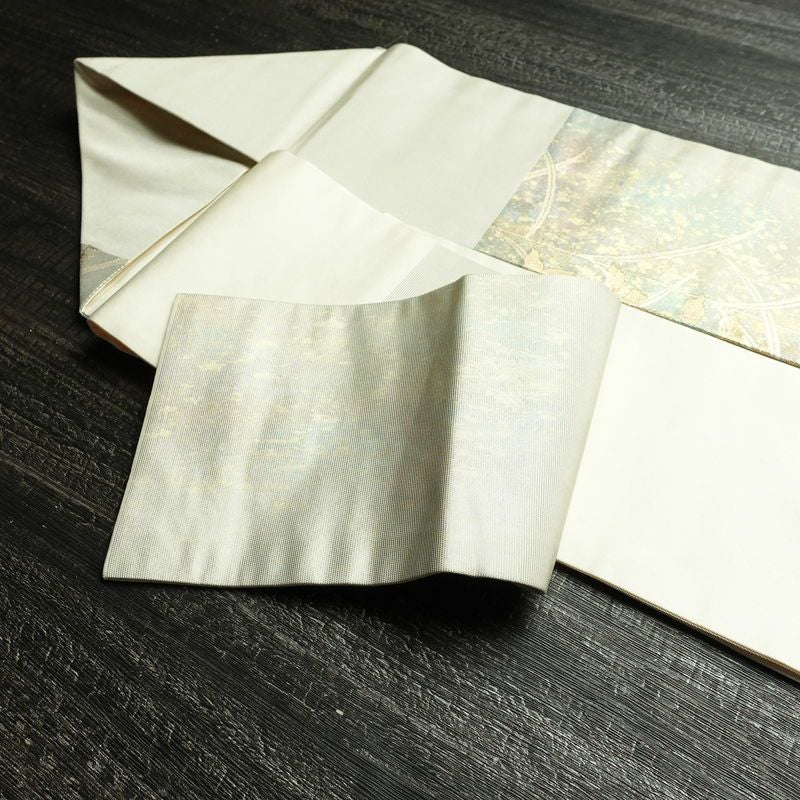 名古屋帯 太鼓柄 良品 正絹 木の葉・植物柄 名古屋仕立て 箔 帯 緑・うぐいす色_画像21