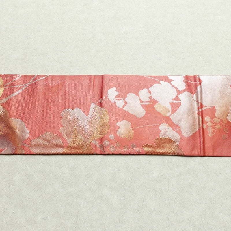 名古屋帯 六通柄 正絹 木の葉・植物柄 名古屋仕立て 箔 帯 ピンク_画像13