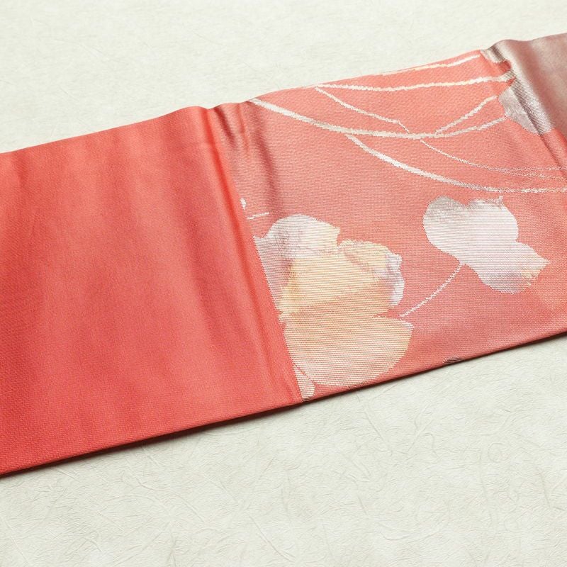 名古屋帯 六通柄 正絹 木の葉・植物柄 名古屋仕立て 箔 帯 ピンク_画像15
