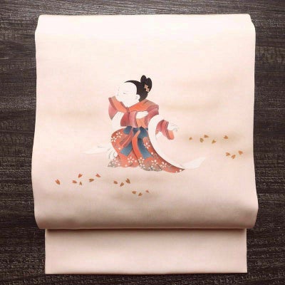 名古屋帯 太鼓柄 落款入り 正絹 人物・動物柄 名古屋仕立て 箔 帯 ピンク