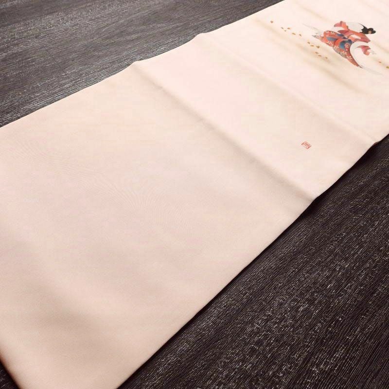 名古屋帯 太鼓柄 落款入り 正絹 人物・動物柄 名古屋仕立て 箔 帯 ピンク_画像8