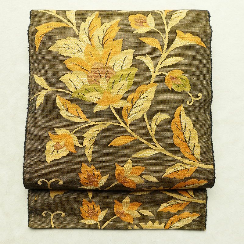 名古屋帯 紬地 六通柄 正絹 木の葉・植物柄 通し仕立て 帯 黄・黄土色_画像1