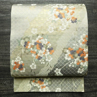 袋帯 六通柄 美品 フォーマル用 正絹 桜 花柄 箔 帯 グレー