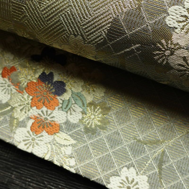 袋帯 六通柄 美品 フォーマル用 正絹 桜 花柄 箔 帯 グレー_画像7