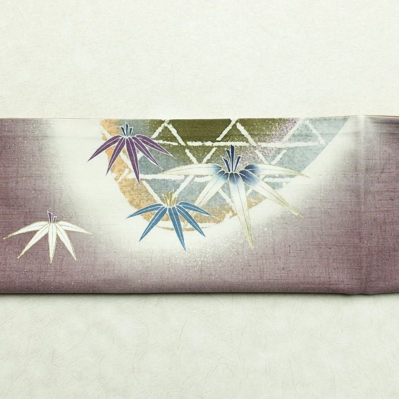 袋帯 太鼓柄 紬地 落款入り 一般用 正絹 木の葉・植物柄 金彩 帯 紫・藤色_画像15