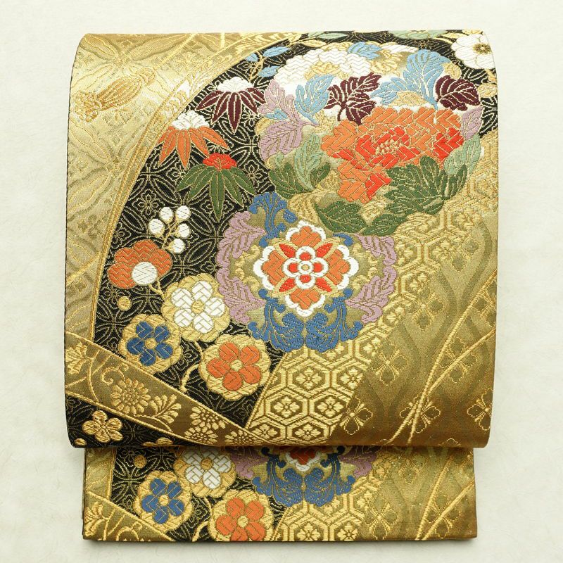【本金箔 金泥箔】シルク製 六通柄袋帯 金色と茶色のグラデーション0105 袋帯 本金漆箔 六通柄 良品 フォーマル用 正絹 古典柄 箔 金糸 帯