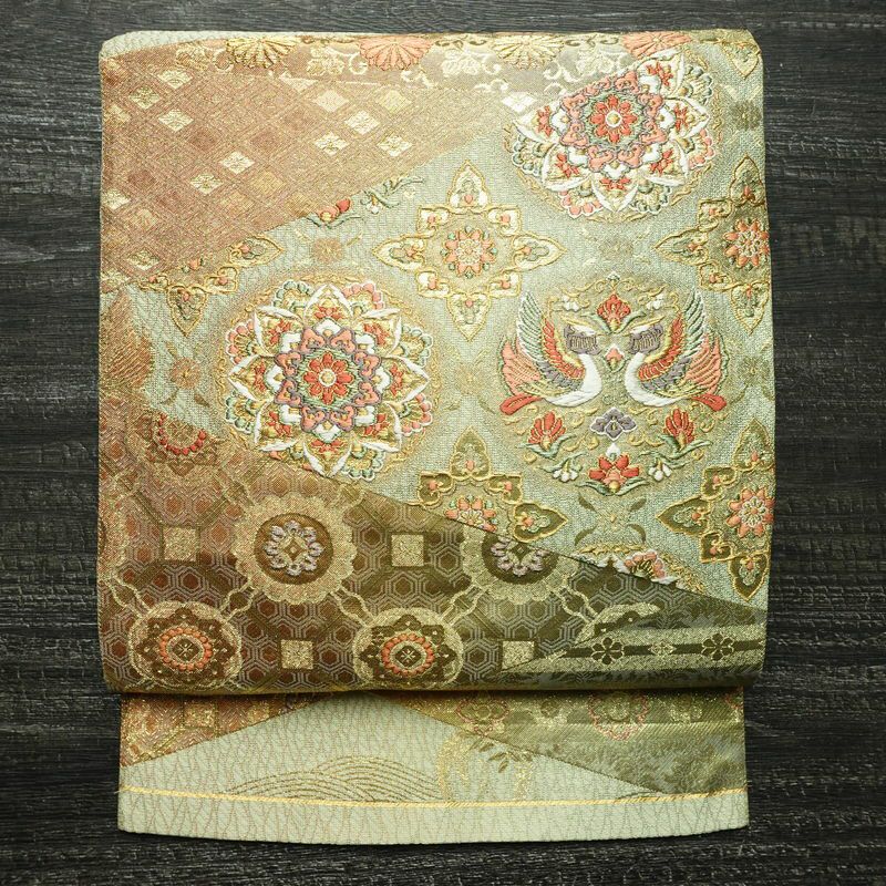 袋帯 本金二重箔 扇面花鳥 文六通柄 良品 フォーマル用 正絹 古典柄 箔