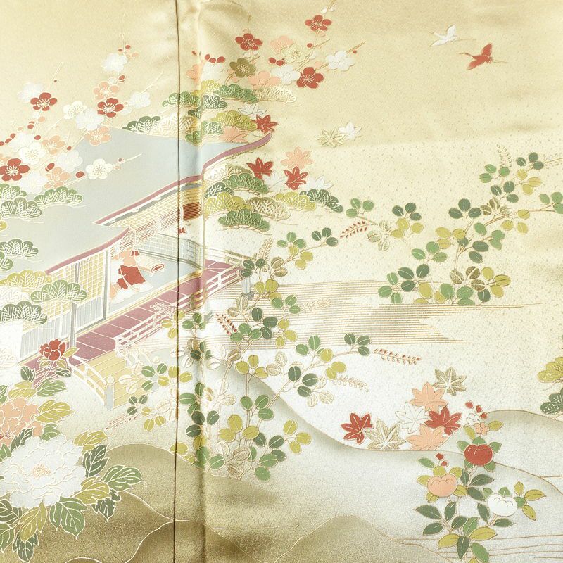 訪問着 美品 綸子 正絹 風景柄 袷仕立て 身丈156cm 裄丈64cm 箔 金彩 フォーマル 着物 ベージュ_画像6