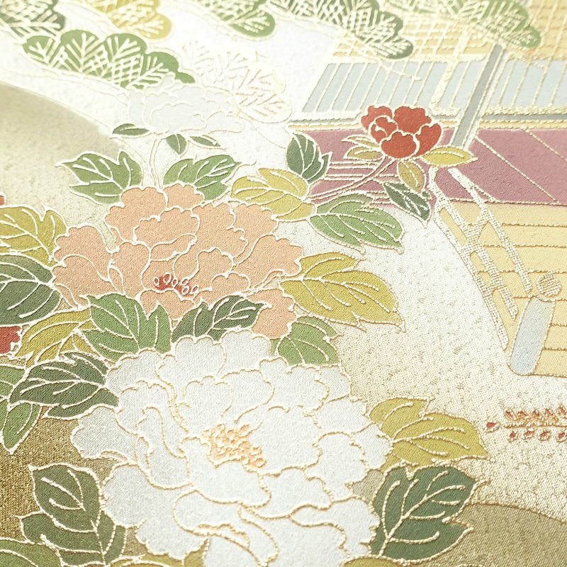 訪問着 美品 綸子 正絹 風景柄 袷仕立て 身丈156cm 裄丈64cm 箔 金彩 フォーマル 着物 ベージュ_画像7