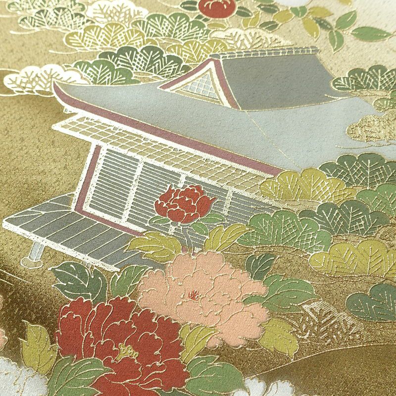 訪問着 美品 綸子 正絹 風景柄 袷仕立て 身丈156cm 裄丈64cm 箔 金彩 フォーマル 着物 ベージュ_画像11