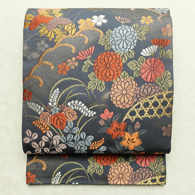 袋帯 六通柄 フォーマル用 正絹 木の葉・植物柄 金糸 帯 青・紺_画像1