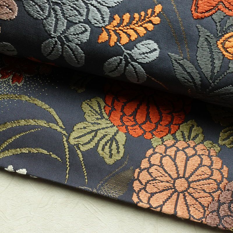 袋帯 六通柄 フォーマル用 正絹 木の葉・植物柄 金糸 帯 青・紺_画像7