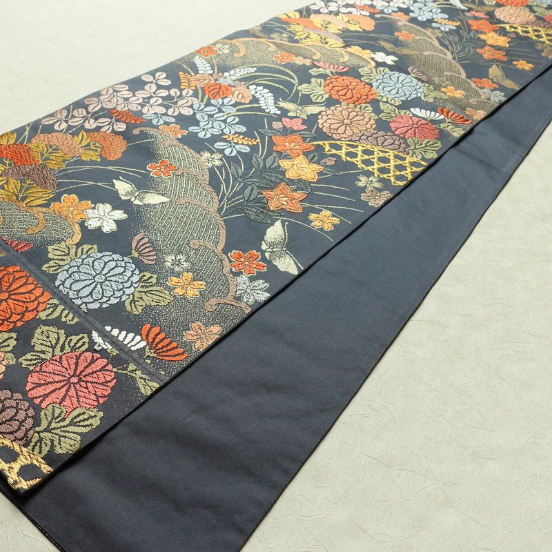 袋帯 六通柄 フォーマル用 正絹 木の葉・植物柄 金糸 帯 青・紺_画像8