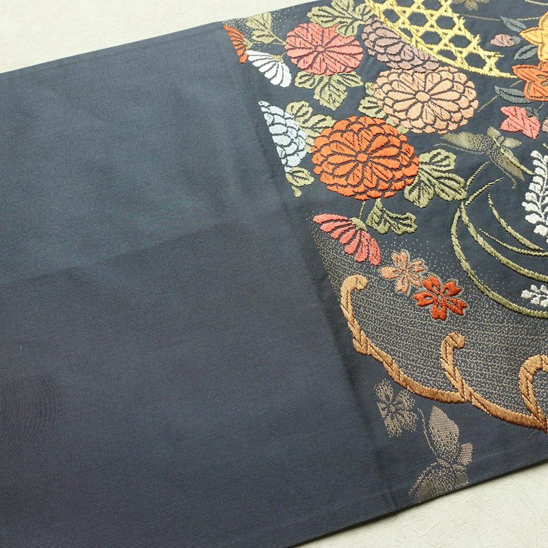 袋帯 六通柄 フォーマル用 正絹 木の葉・植物柄 金糸 帯 青・紺_画像16