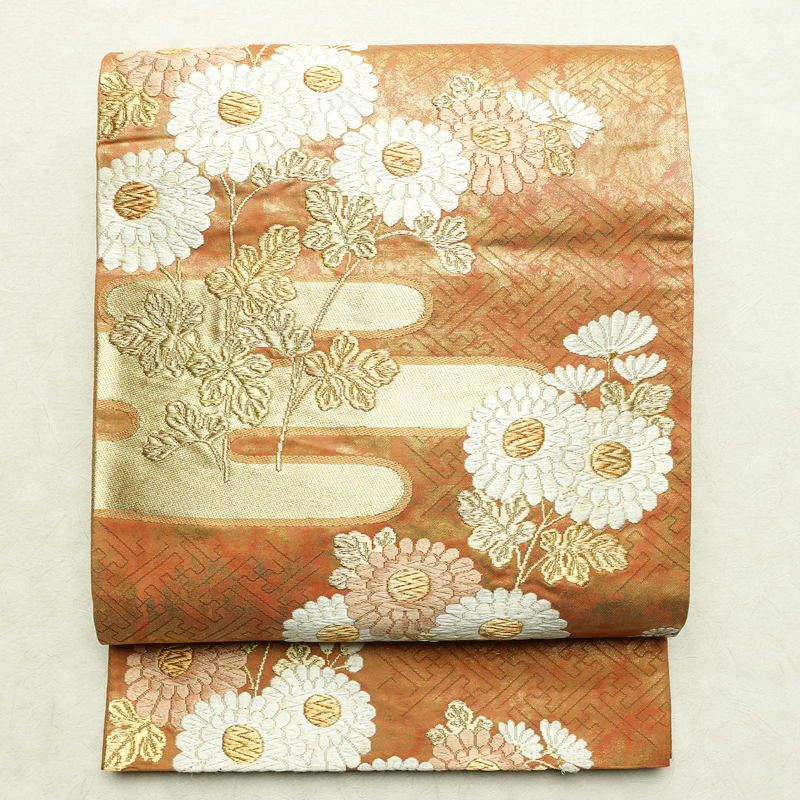 袋帯 太鼓柄 フォーマル用 正絹 花柄 箔 金糸 帯 茶_画像1